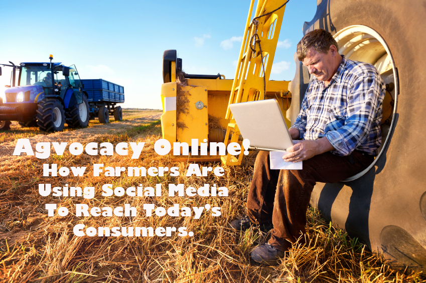 Farmer sitting in tractor tire using laptop
