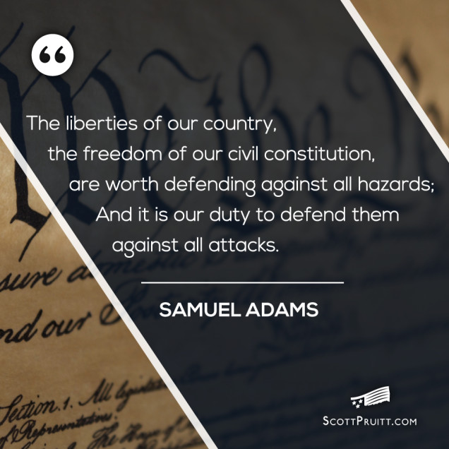 ScottPruitt.com Text with Samuel Adams Quote with Constitution Background